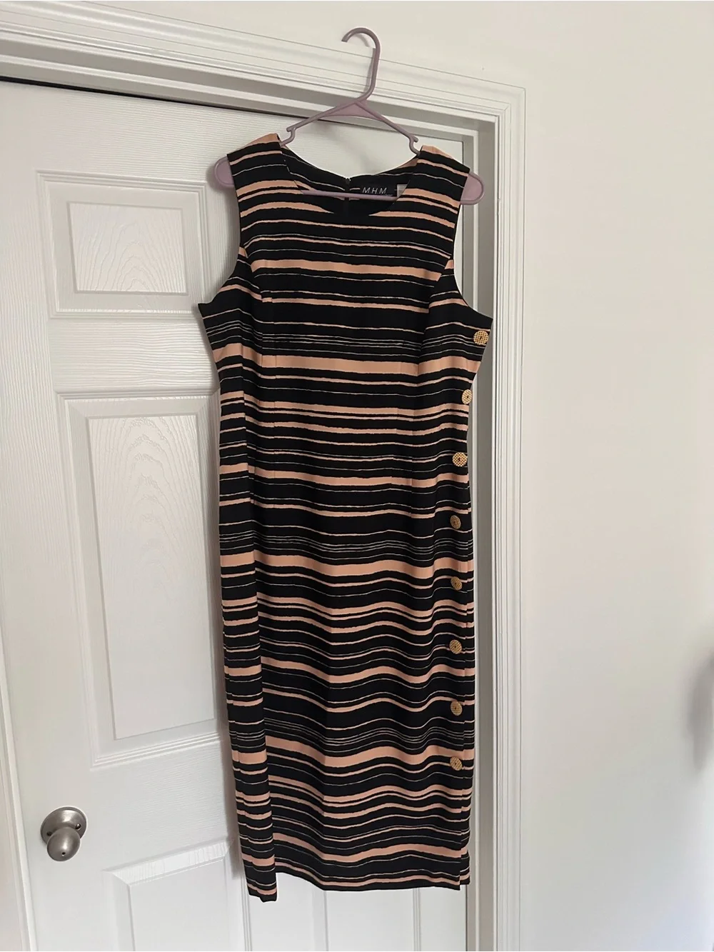Sleeveless Black and Tan Striped Midi Dress